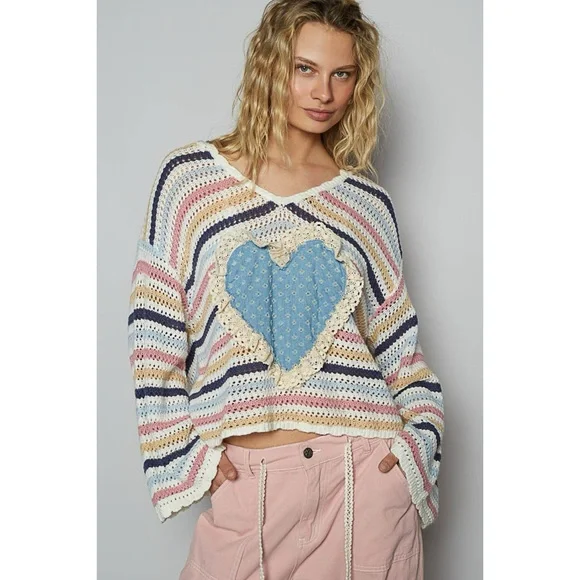 POL Striped Open Knit Hoodie Sweater V Neck Heart Patch Pullover - Picture 5 of 5